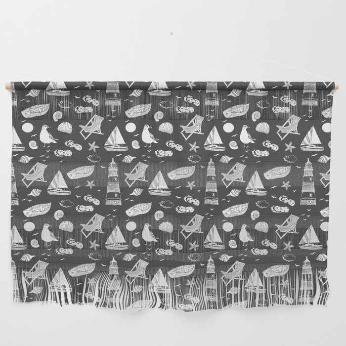 Dark Grey And White Summer Beach Elements Pattern Wall Hanging