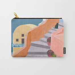 Santorini Pebble Stairs and Houses Carry-All Pouch | Pink, Mediterranean, Santorini, Summer, Travelart, Drawing, Happybydesign, Oiawindmill, Greekholiday, Santorinistairs 