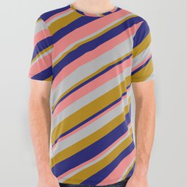 [ Thumbnail: Light Coral, Grey, Dark Goldenrod & Midnight Blue Colored Lines Pattern All Over Graphic Tee ]