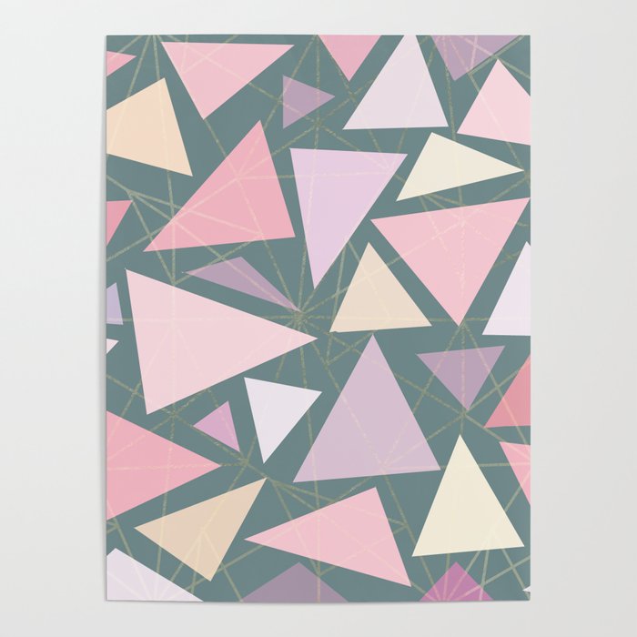 Geometrical pink gold coral ivory blue green triangles Poster