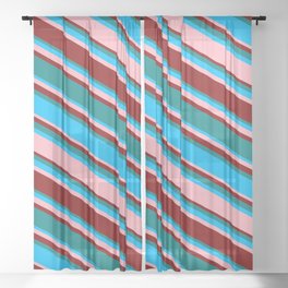 [ Thumbnail: Teal, Deep Sky Blue, Light Pink, and Maroon Colored Striped Pattern Sheer Curtain ]
