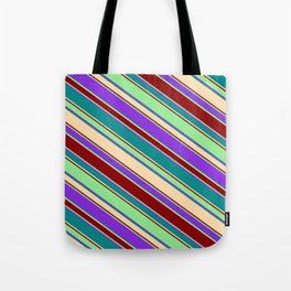 [ Thumbnail: Purple, Dark Cyan, Tan, Dark Red, and Light Green Colored Striped/Lined Pattern Tote Bag ]