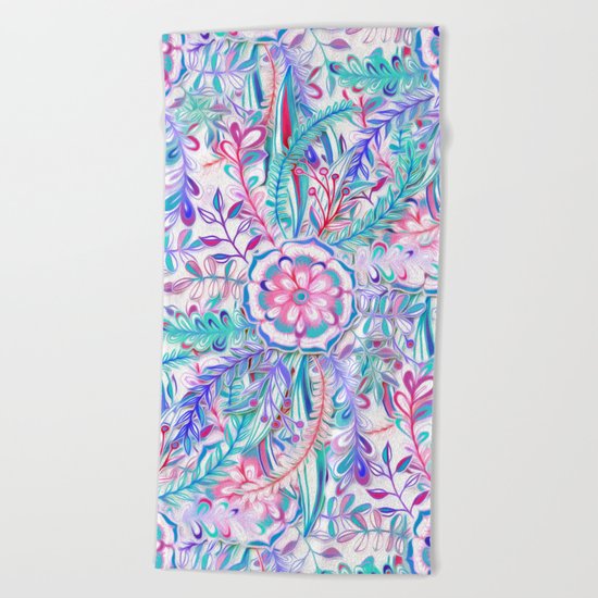 Boho Flower Burst in Pink and Teal Beach Towel