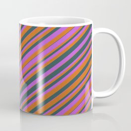 [ Thumbnail: Chocolate, Dark Slate Gray, and Orchid Colored Striped Pattern Coffee Mug ]