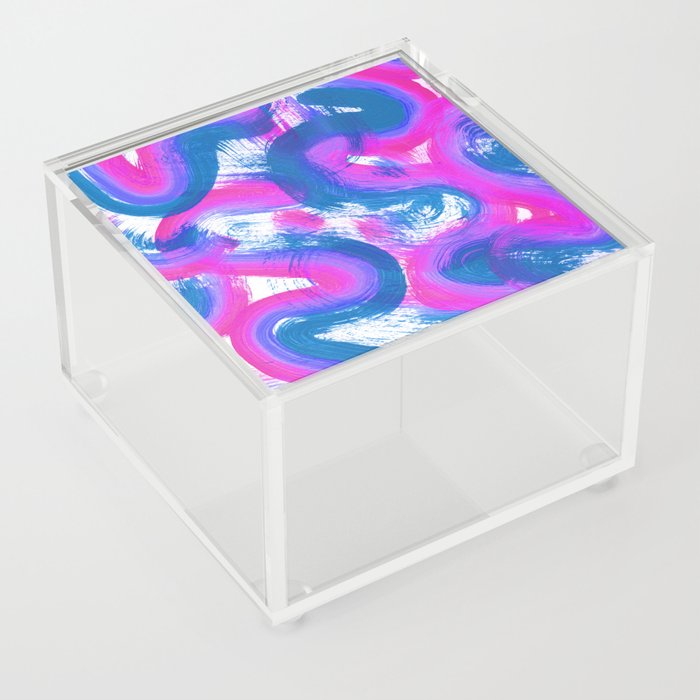 Wavy Lines and Squiggles Abstract Painting - Neon Blue, Magenta and Teal Acrylic Box
