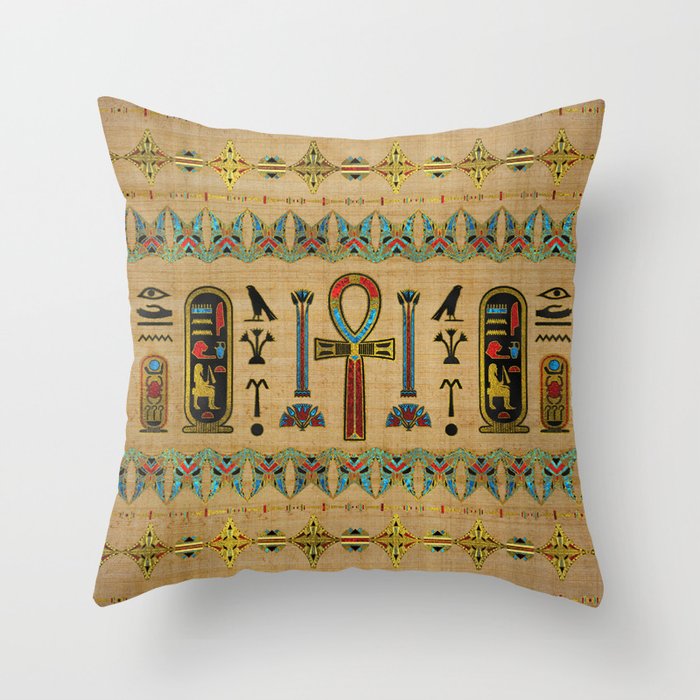 Egyptian Cross - Ankh Ornament on papyrus Throw Pillow
