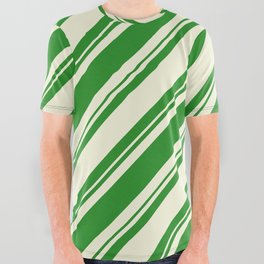 [ Thumbnail: Forest Green and Beige Colored Lined/Striped Pattern All Over Graphic Tee ]