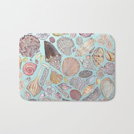 Sanibel Sea Shells Bath Mat | Colored Pencil, Beach, Ink Pen, Conch, Seashells, Sandollar, Coastal, Drawing, Shells, Tropical 