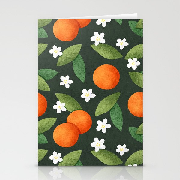 Oranges, Green Leaves and White Flowers Pattern Stationery Cards