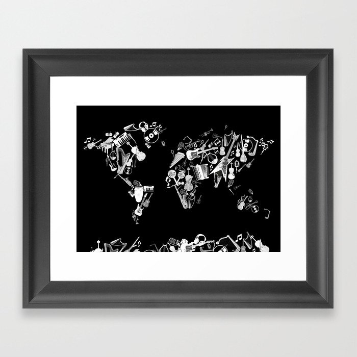world map music black and white 3 Framed Art Print