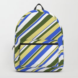 [ Thumbnail: Dark Olive Green, Tan, Royal Blue, and White Colored Stripes Pattern Backpack ]