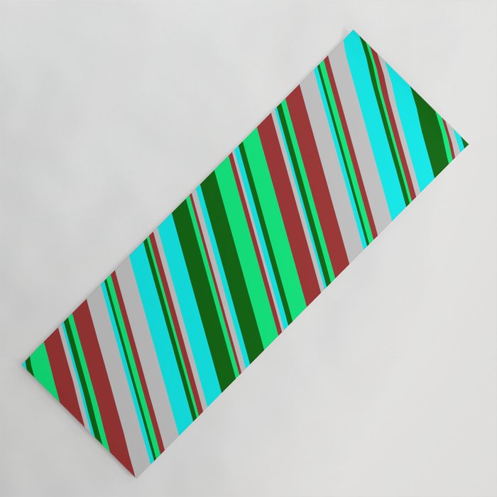Colorful Brown, Light Grey, Cyan, Dark Green, and Green Colored Stripes Pattern Yoga Mat