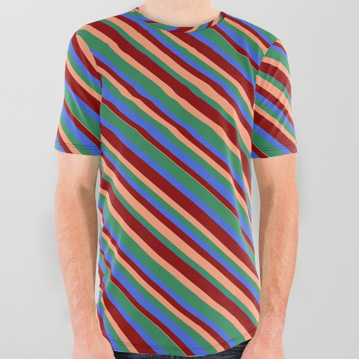 Dark Red, Light Salmon, Sea Green & Royal Blue Colored Lined Pattern All Over Graphic Tee