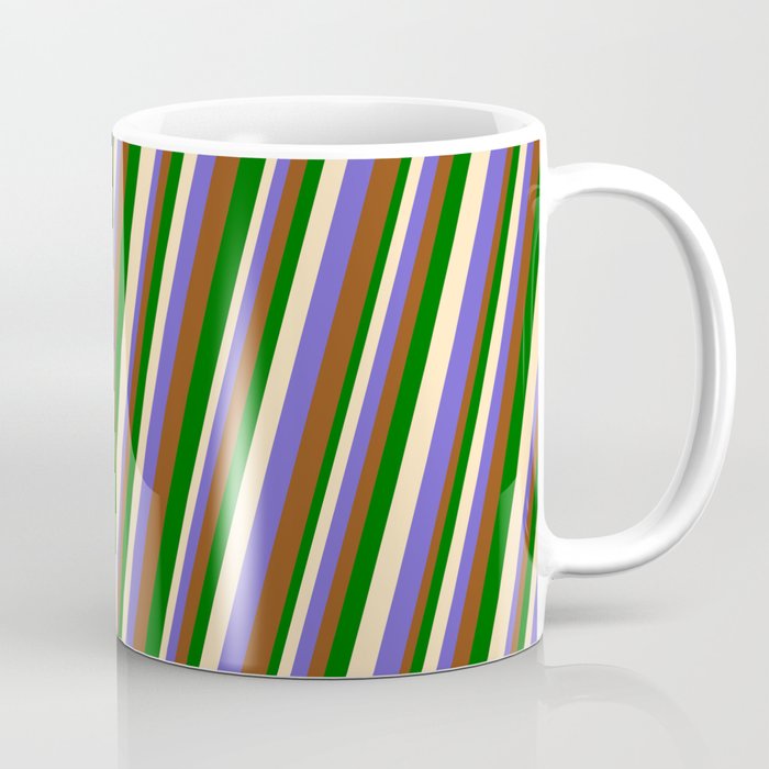 Beige, Slate Blue, Brown, and Dark Green Colored Lines/Stripes Pattern Coffee Mug
