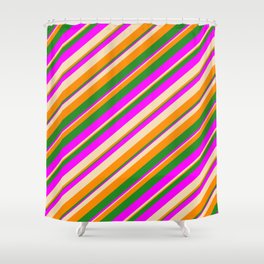 [ Thumbnail: Tan, Dark Orange, Forest Green, and Fuchsia Colored Striped Pattern Shower Curtain ]