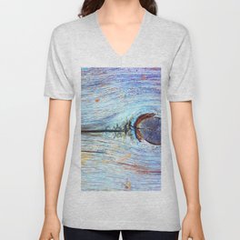 Time-worn old wood texture with fiber. Flat board. Branch, cutted with saw. Longitudinal cracks. Impressionism colors.  V Neck T Shirt