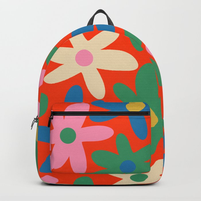 Daisy Time Colorful Retro Floral Pattern on Red Backpack