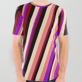 [ Thumbnail: Vibrant Dark Violet, Dark Red, Black, Bisque, and Salmon Colored Stripes Pattern All Over Graphic Tee ]