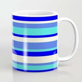 [ Thumbnail: Royal Blue, Turquoise, Blue & Beige Colored Lined Pattern Coffee Mug ]