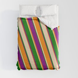 [ Thumbnail: Dark Orange, Bisque, Green, and Purple Colored Stripes Pattern Duvet Cover ]