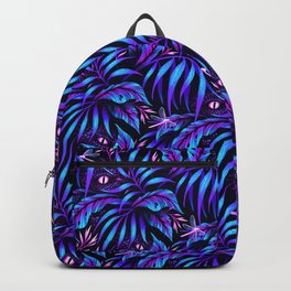 Jurassic Jungle - Blue Pink Backpack | Jungle, Jurassic, Leaves, Palm, Dark, Dragonfly, Rainforest, Black, Illustration, Pattern 