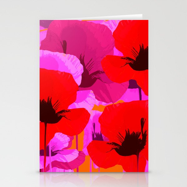 Pink And Red Poppy Flowers Orange Background #decor #society6 #buyart Stationery Cards