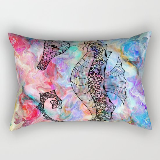 Drawn Seahorse on Colors Rectangular Pillow