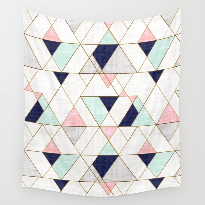 Mod Triangles - Navy Blush Mint Wall Tapestry