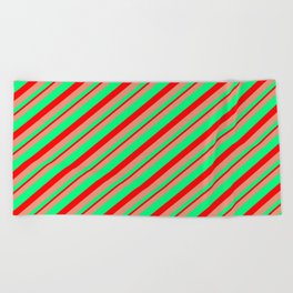 [ Thumbnail: Dark Salmon, Green & Red Colored Striped Pattern Beach Towel ]