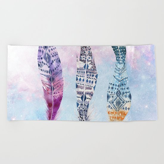 Bohemian galaxy feathers Beach Towel