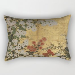 Red White Chrysanthemums Vintage Floral Japanese Gold Leaf Screen Rectangular Pillow