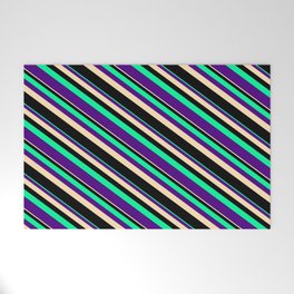 [ Thumbnail: Green, Indigo, Beige, and Black Colored Striped Pattern Welcome Mat ]
