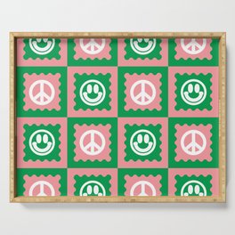 Funky Checkered Smileys and Peace Symbol Pattern (Pink, Green, White) Serving Tray