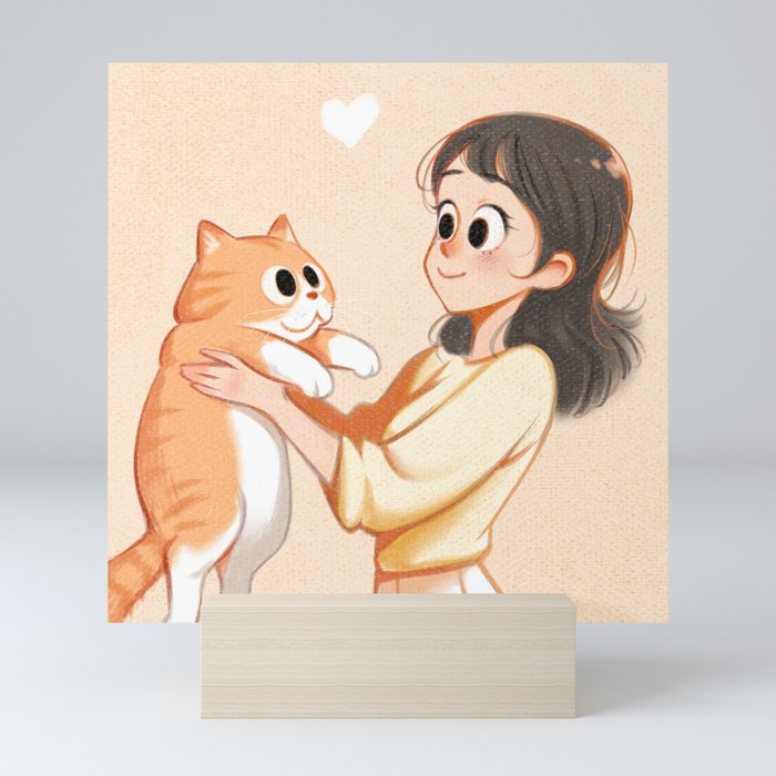 The cat and the girl Mini Art Print