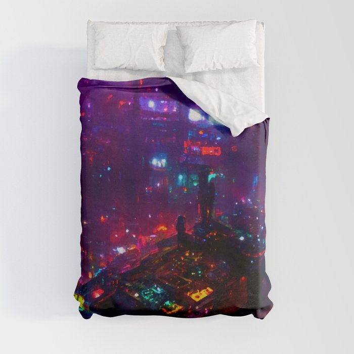 Postcards from the Future - Cyberpunk Cityscape Duvet Cover