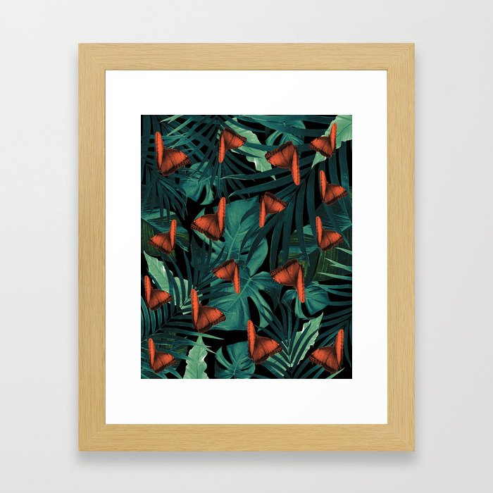Tropical Butterfly Jungle Night Leaves Pattern #2 #tropical #decor #art #society6 Framed Art Print