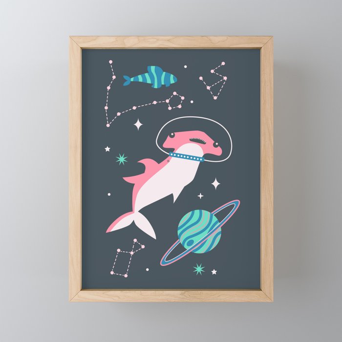 Pink Space Sharks Framed Mini Art Print