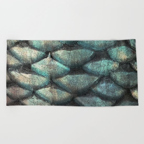 Aqua rose mermaid scales Beach Towel
