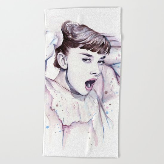 Audrey Hepburn Watercolor Actress Breakfast at Tiffanys Beach Towel