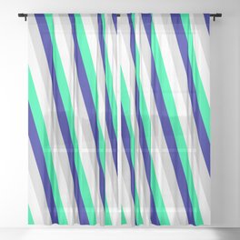 [ Thumbnail: White, Green, Dark Blue & Light Grey Colored Lines Pattern Sheer Curtain ]