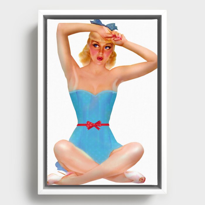 Sexy Blonde Tan Pin Up With Blue Eyes Vintage Light Blue Dress Legs Crossed Framed Canvas