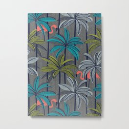 Retro vacation mode // zambezi grey background highball green peacock blue and light grey palm trees oxford navy blue lines coral flamingos Metal Print