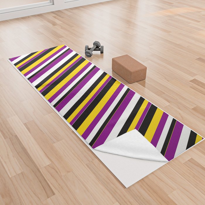 White, Purple, Yellow, and Black Colored Striped Pattern Yoga Towel