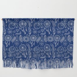 Blue And White Hand Drawn Boho Pattern Wall Hanging