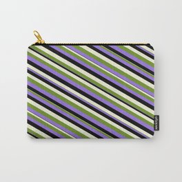 [ Thumbnail: Green, Purple, Black & Beige Colored Lined Pattern Carry-All Pouch ]