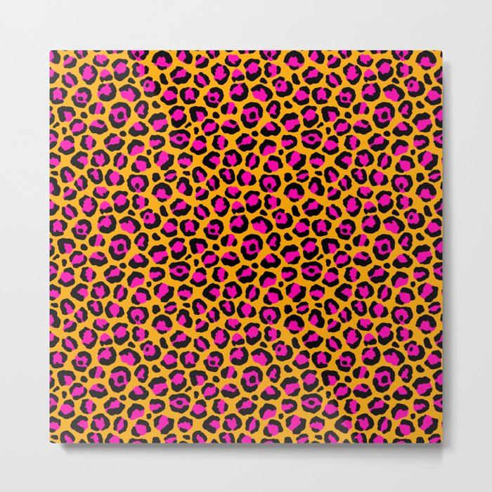 Neon Orange Pink Leopard Pattern Metal Print