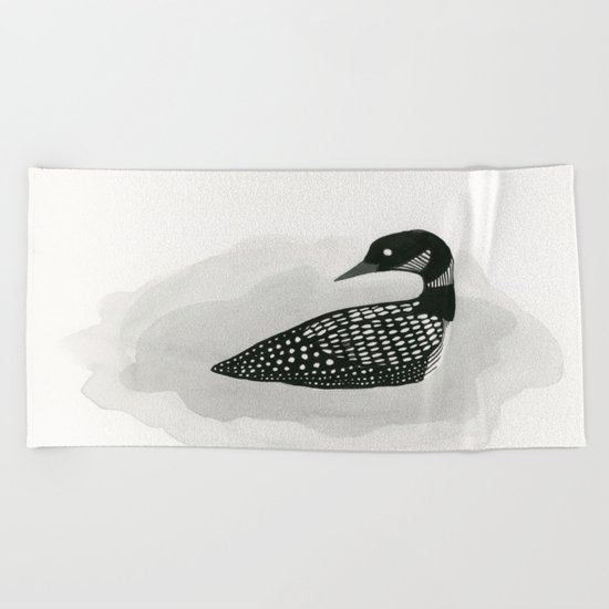 Loon - black and white bird illustration Beach Towel