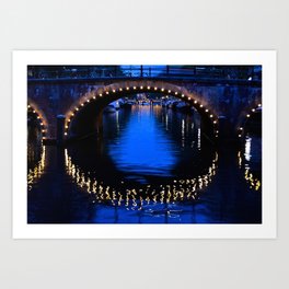 Amsterdam Reflections Art Print | Romantic, Reflections, Bridge, Photo, Blues, Canal, Nightlights, Netherlands, Magical, Bridges 