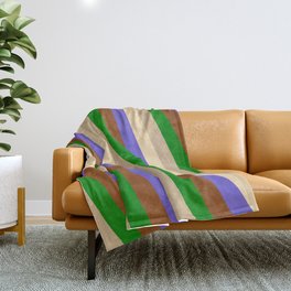 [ Thumbnail: Eye-catching Brown, Green, Tan, Beige & Slate Blue Colored Pattern of Stripes Throw Blanket ]