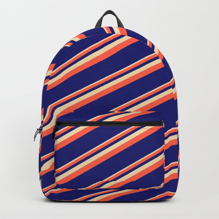 Tan, Red, and Midnight Blue Colored Lined Pattern Backpack